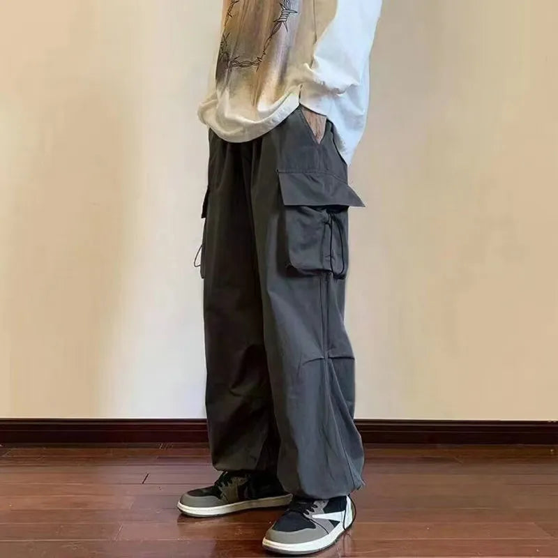 Men Elastic Waist Solid Color Cargo Pants