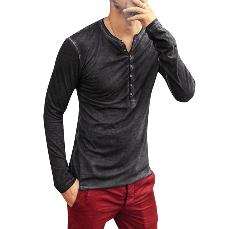 Men Tee Shirt V-neck Long Sleeve Tee