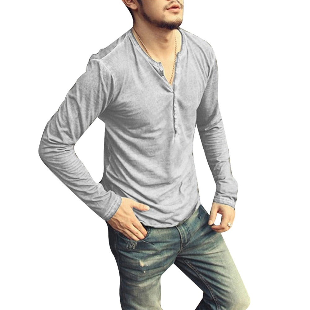 Men Tee Shirt V-neck Long Sleeve Tee