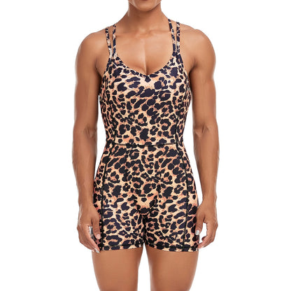 Women Yoga Backless Leopard Jumpsuit